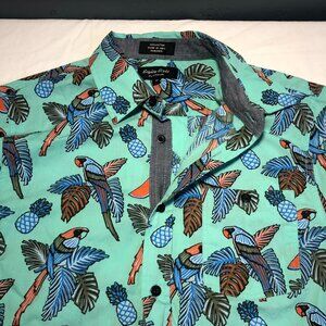 Eighty Eight Teal Green Parrot Palm Hawaiian Tropical Men Shirt Size M